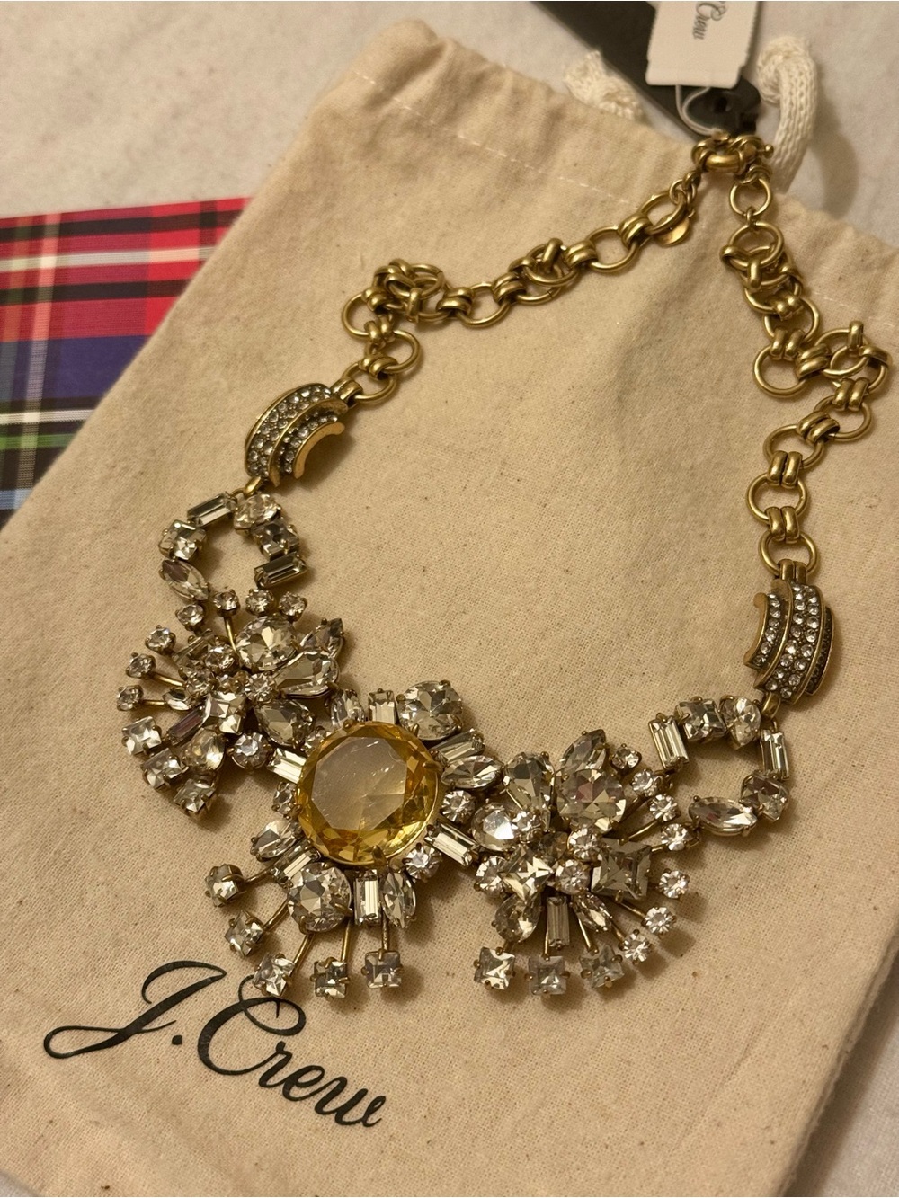 NWT J.Crew Star Burst Statement Necklace Gold Amber Crystal Gift Bag Pouch